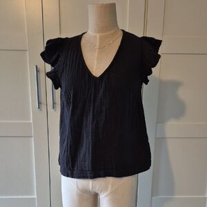 Black Tape Women's Top Size S Black Cotton Gauze Ruffle Flutter Sleeve V-Neck